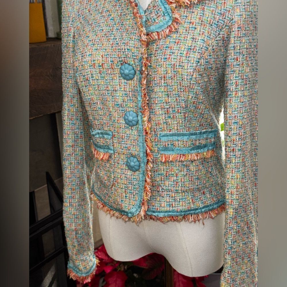 Cynthia Steffe Tweed Fringe Cropped Blazer Teal Orange Multi-Color Jacket NWT S - Picture 4 of 15